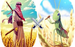 في اليمين جرادة خضراء في حقل من القمح تحمل ميكرفونا، وفي اليسار رجل يليس ثيابا عربية تقليدية (ثوب أبيض و سلك أحمر) في حقل قمح، و بينهما سيفان متصالبان في نصف الصورة.