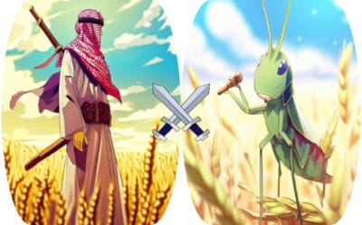 في اليمين جرادة خضراء في حقل من القمح تحمل ميكرفونا، وفي اليسار رجل يليس ثيابا عربية تقليدية (ثوب أبيض و سلك أحمر) في حقل قمح، و بينهما سيفان متصالبان في نصف الصورة.