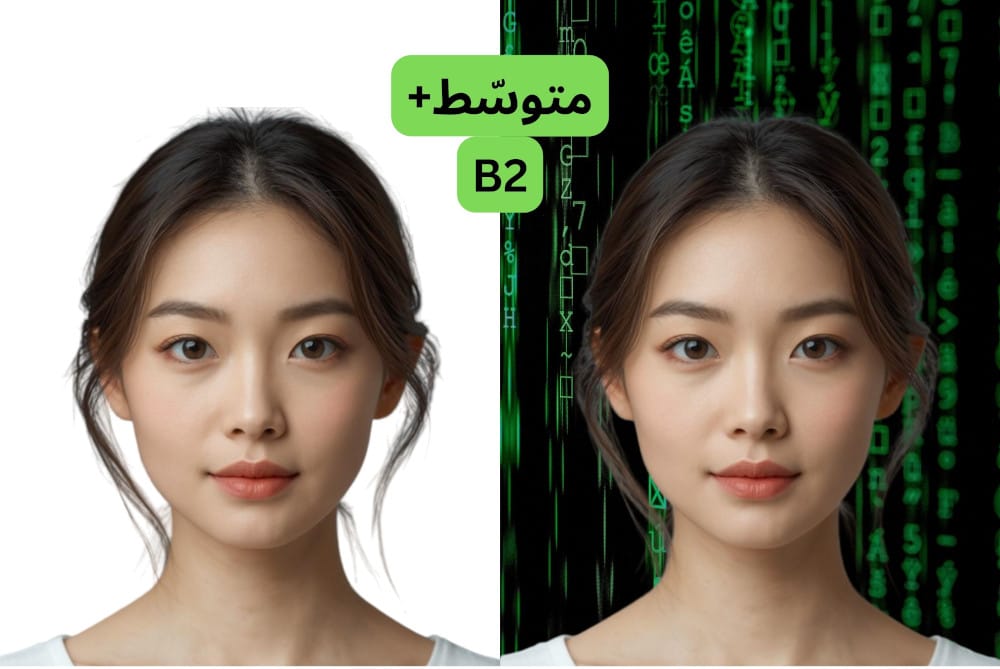 A split image with left side showing hyperrealistic, studio-lit photographic portrait of a woman's face with symmetrical, balanced face with east Asian features, light complexion, large dark brown eyes, brunette. The right side shows the same woman with a black background with green letters and math signs indicating a digital creation.