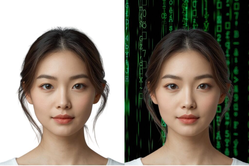 A split image with left side showing hyperrealistic, studio-lit photographic portrait of a woman's face with symmetrical, balanced face with east Asian features, light complexion, large dark brown eyes, brunette. The right side shows the same woman with a black background with green letters and math signs indicating a digital creation.