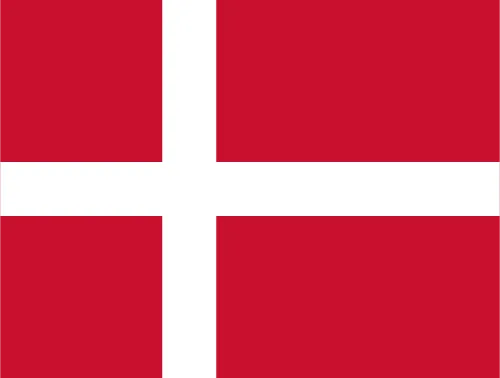 Flag of Denmark featuring a red field with a white Nordic cross that extends to the edges, with the vertical part of the cross shifted to the hoist side.