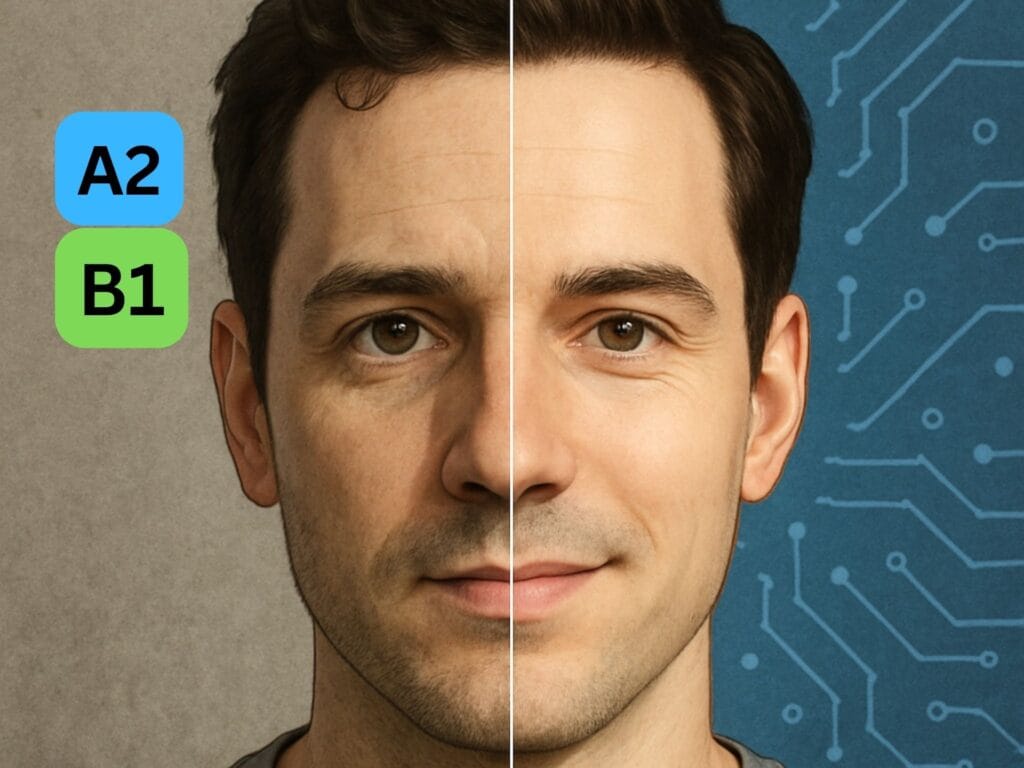 A close up of a man's face, meticulously divided vertically down the center. The left panel presents a hyperrealistic, high-resolution, studio-lit photographic portrait of the face. The right panel offers a digital creation of the same face, subtly altered and artistically manipulated by AI, conveying the essence of artificial creation and the nuances of deepfake technology.
