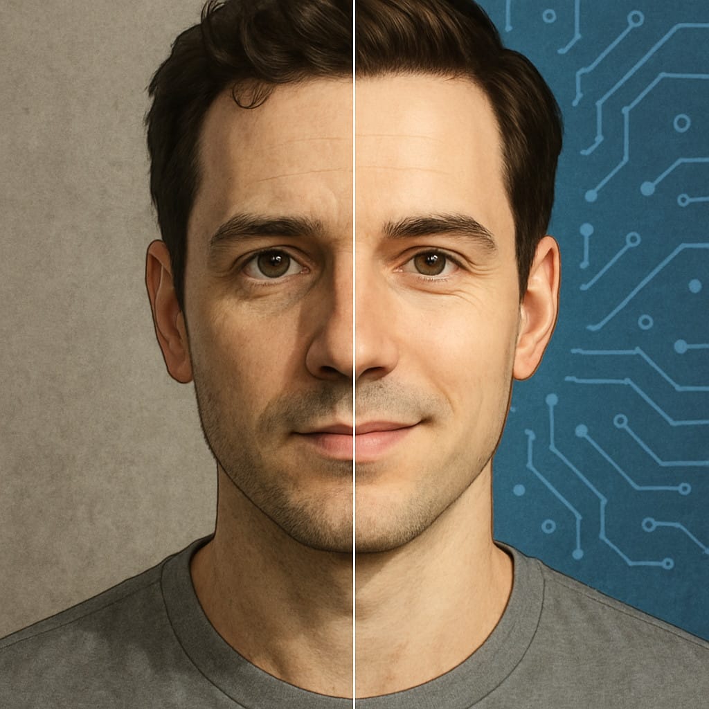 A close up of a man's face, meticulously divided vertically down the center. The left panel presents a hyperrealistic, high-resolution, studio-lit photographic portrait of the face. The right panel offers a digital creation of the same face, subtly altered and artistically manipulated by AI, conveying the essence of artificial creation and the nuances of deepfake technology.
