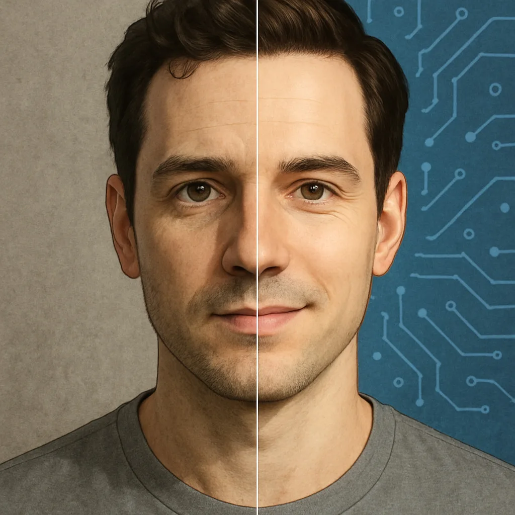A close up of a man's face, meticulously divided vertically down the center. The left panel presents a hyperrealistic, high-resolution, studio-lit photographic portrait of the face. The right panel offers a digital creation of the same face, subtly altered and artistically manipulated by AI, conveying the essence of artificial creation and the nuances of deepfake technology.