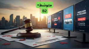 A professional digital illustration representing Ontario labor law changes. In the foreground, a wooden judge's gavel rests on official documents titled "Ontario Labour Law" adorned with red maple leaves. Beside the gavel, a row of computer monitors displays job advertisements with text like "Hiring Now" and "Transparent Pay." The background features a sunset view of the Toronto skyline, dominated by the silhouette of the CN Tower. Written in the center: B2 (language level).