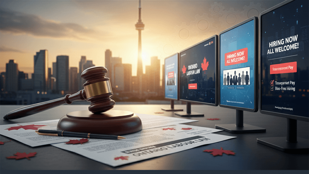 A digital illustration representing Ontario labor law changes. In the foreground, a wooden judge's gavel rests on official documents titled "Ontario Labour Law" adorned with red maple leaves. Beside the gavel, a row of computer monitors displays job advertisements with text like "Hiring Now" and "Transparent Pay." The background features a sunset view of the Toronto skyline, dominated by the silhouette of the CN Tower.