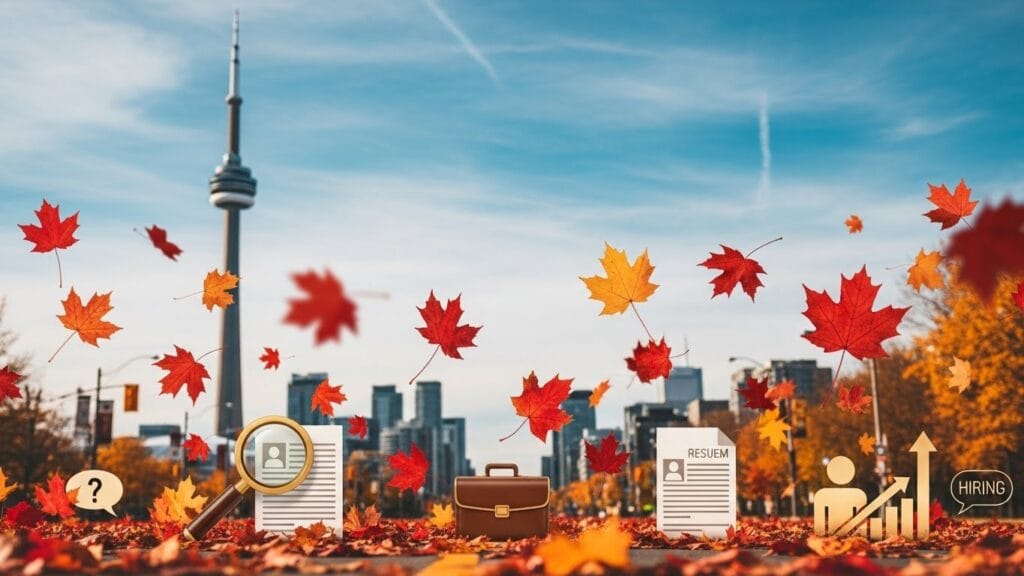 A digital illustration representing Ontario labor law changes. The background features a view of the Toronto skyline, dominated by the CN Tower and maple leaves.